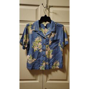 Christopher & Banks Small Blue Floral Button Up Collar Short Sleeve Shirt